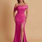 Elegant Soft Satin Mermaid Off Shoulder Asymmetrical Side Slit Floor-Length Bridesmaid Dresses