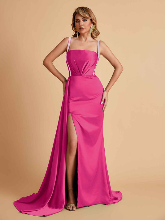 Sexy Satin Mermaid With Train Bridesmaid Dresses Pleats Side-Slit Floor-Length Wedding Guest Dresses