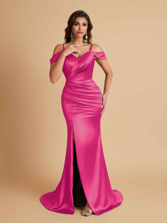 Sexy Soft Satin Mermaid Off Shoulder Side Slit Floor-Length Mermaid Bridesmaid Dresses