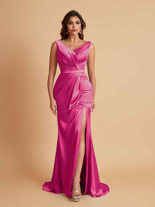 Elegant V Neck Soft Satin Side Slit Floor-Length Mermaid Bridesmaid Dresses
