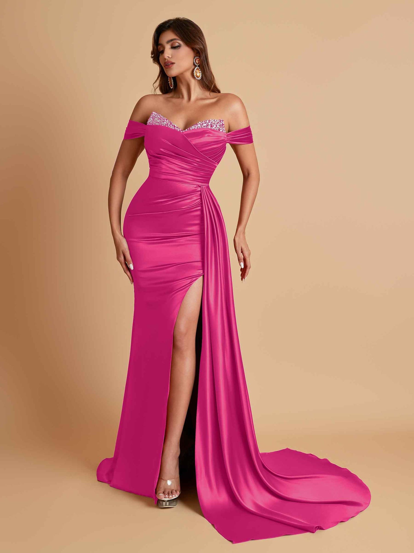 Gorgeous Soft Satin V-neck Off-the-Shoulder Side-Slit Mermaid Bridesmaid Dresses