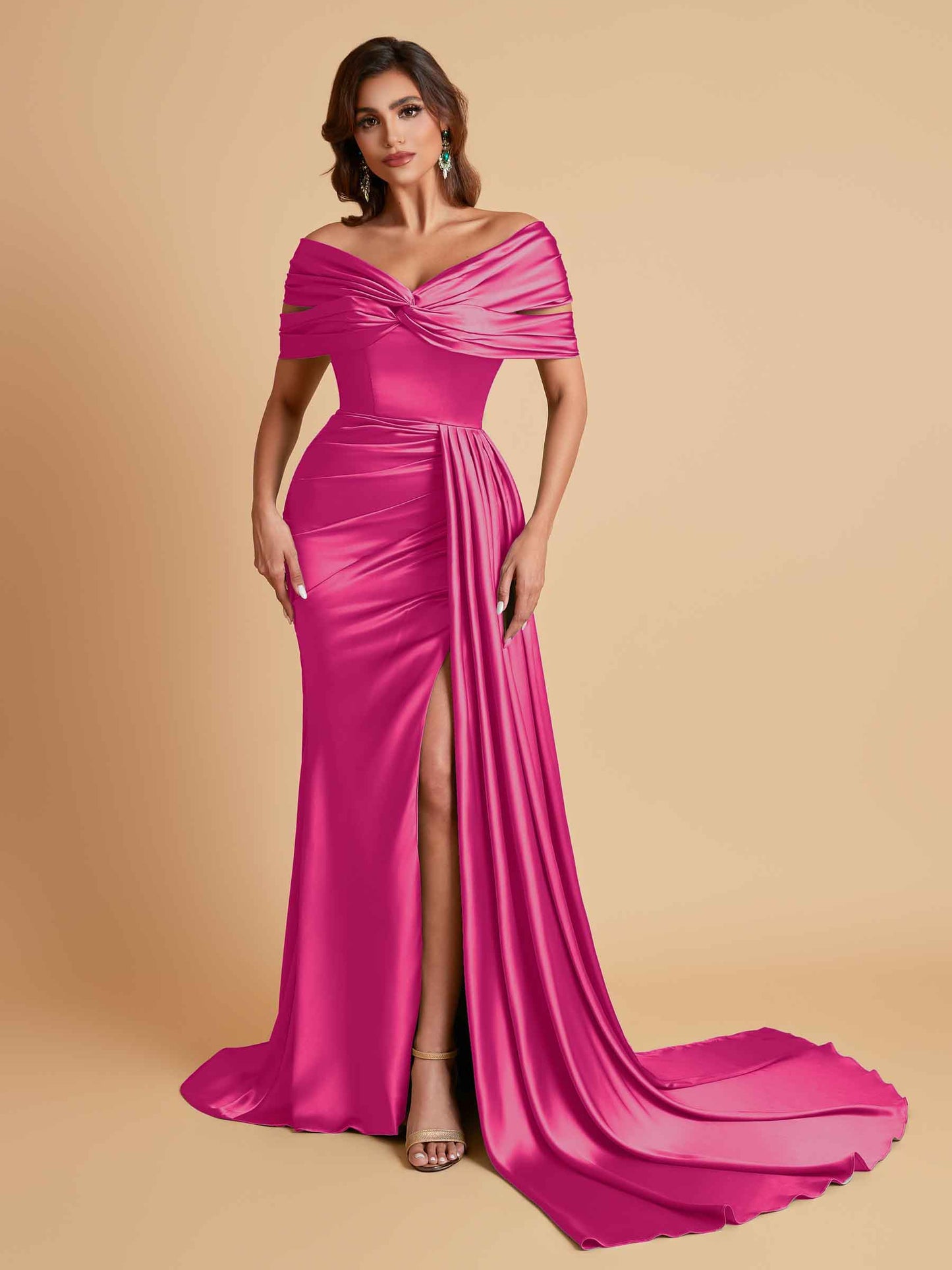 Elegant Soft Satin V-neck Off-the-Shoulder Side-Slit Mermaid Bridesmaid Dresses