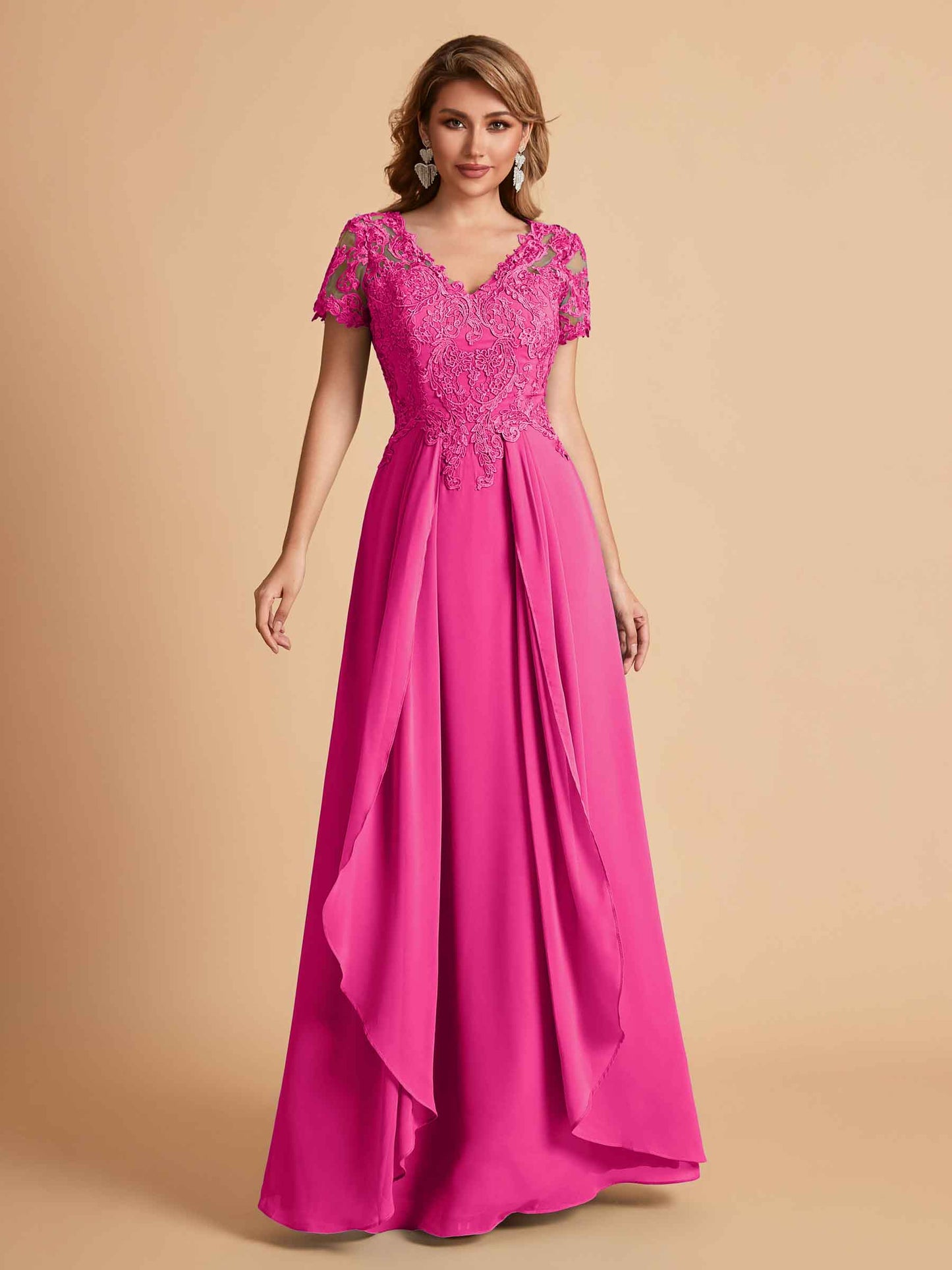 Elegant A-Line Chiffon Short Sleeves V-neck Mother of the Brides Dresses Lace Top MOB Dresses