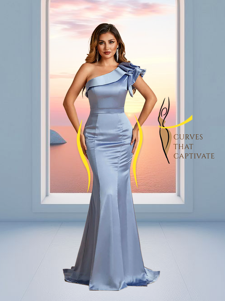 Satin One-shoulder Bridesmaid Dresses Ruffle Sleeves Mermaid Floor Length