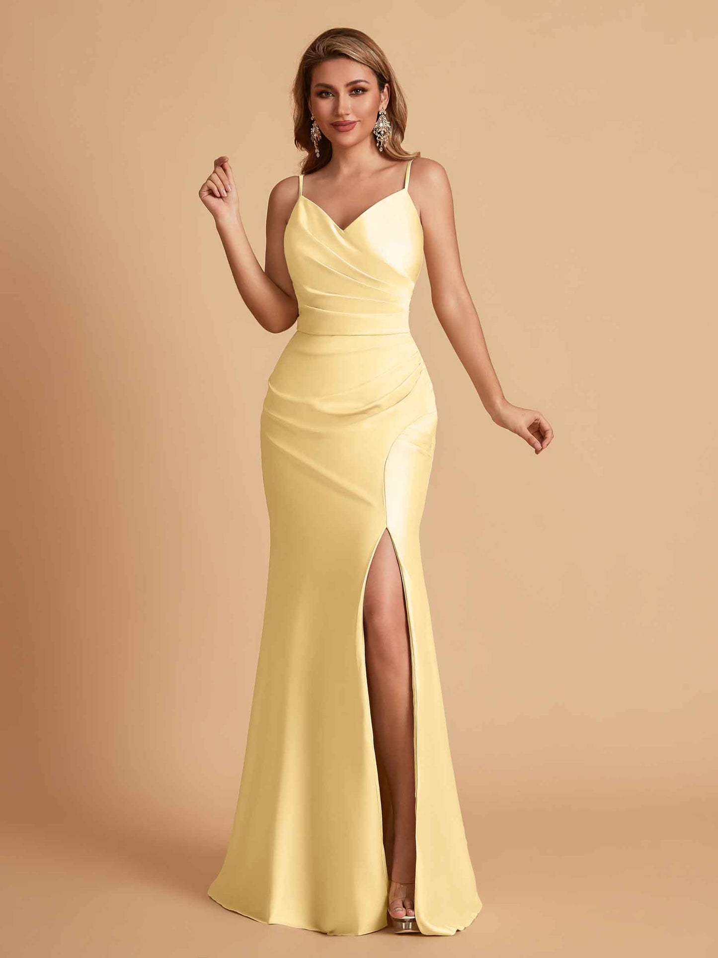 Elegant Satin Spaghetti Straps Mermaid Side Slit Floor Length Bridesmaid Dresses