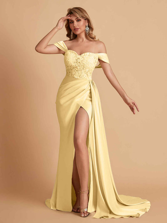 Sexy Satin Mermaid Off Shoulder Lace Side Slit Long Bridesmaid Dresses Online