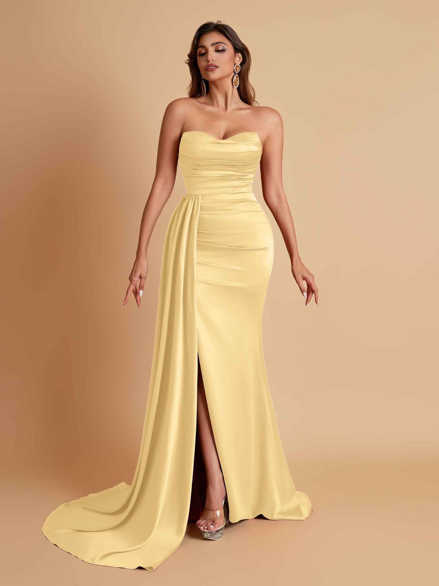 Elegant Soft Satin Sweetheart Strapless Side-Slit Mermaid Bridesmaid Dresses