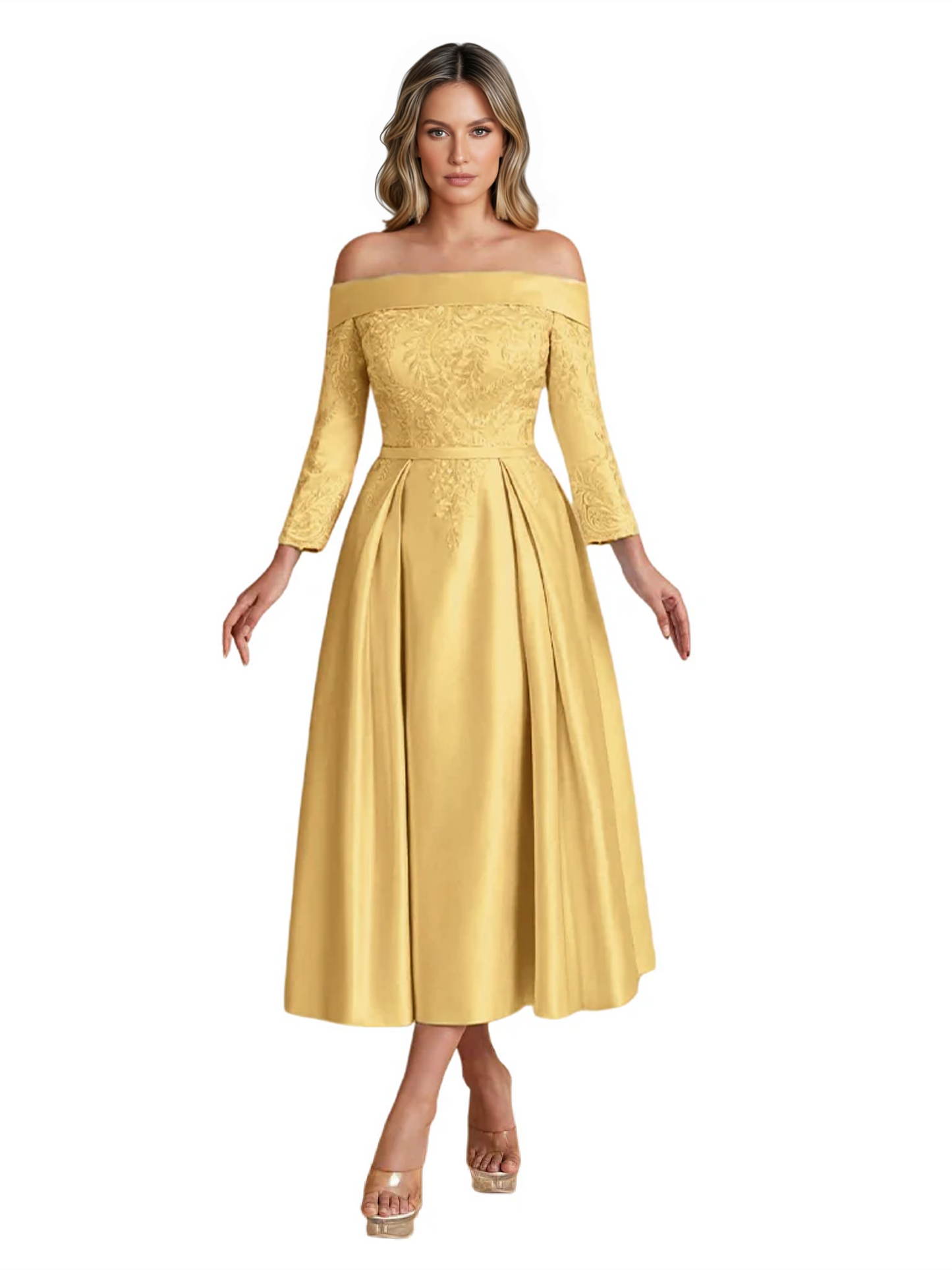 Off Shoulder Mother of the Bride Dress Tea-Length Satin Gown with Lace Applique