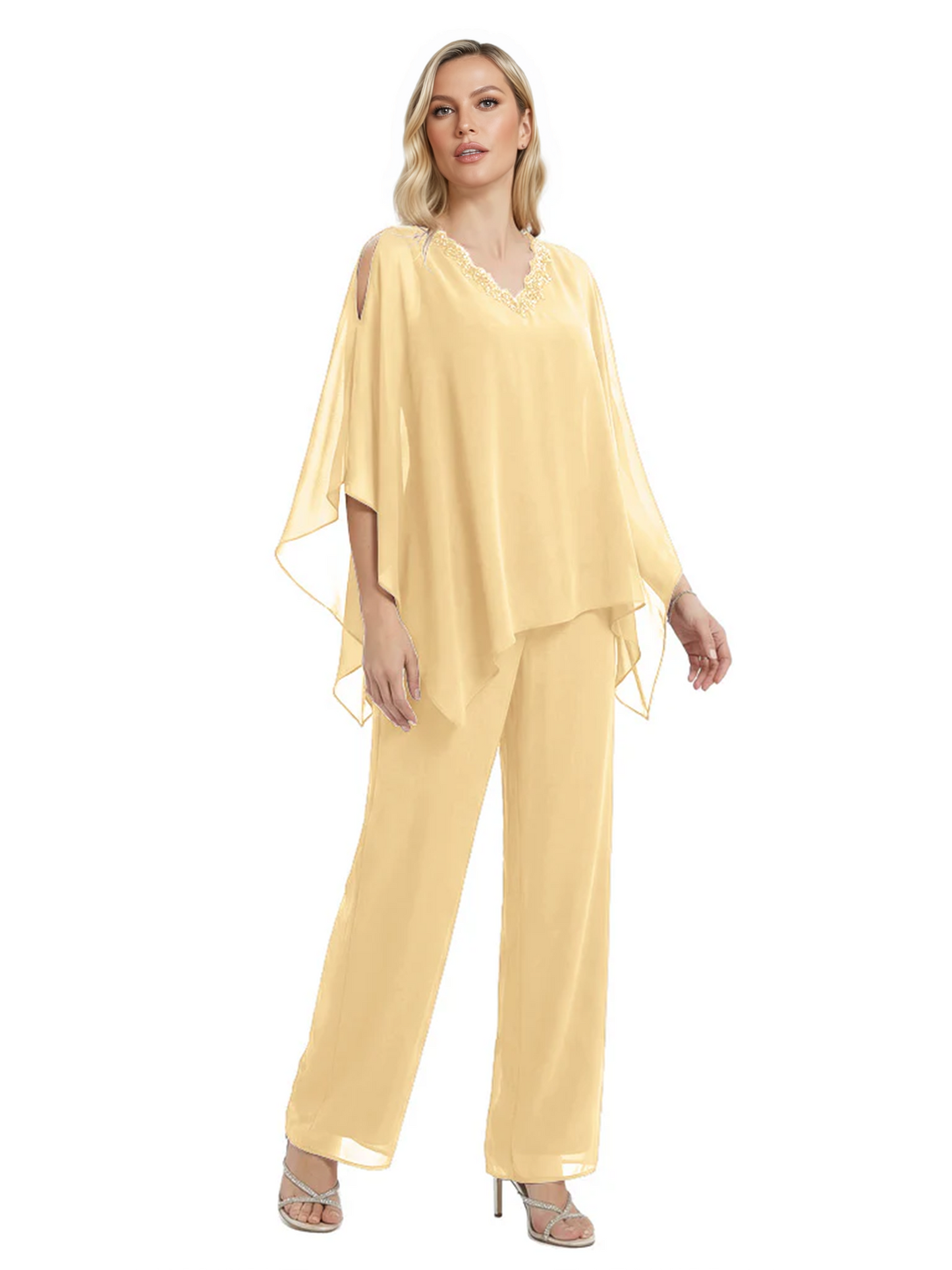 V-Neck Chiffon Mother of the Brides Dresses Plus Size Jacket Suits Wedding