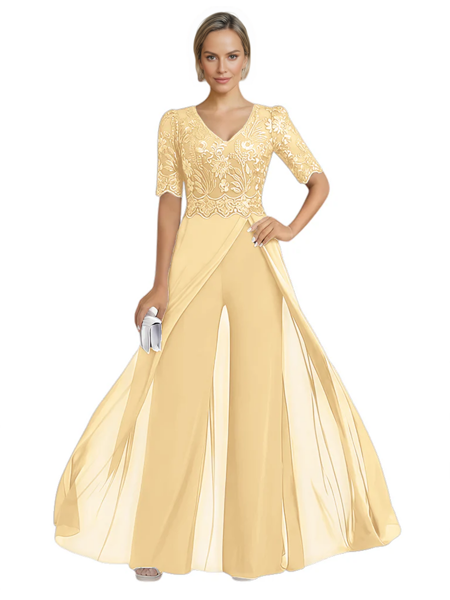 V-Neck Chiffon Mother of the Brides Jumpsuits Dresses Floor Length A-Line Lace