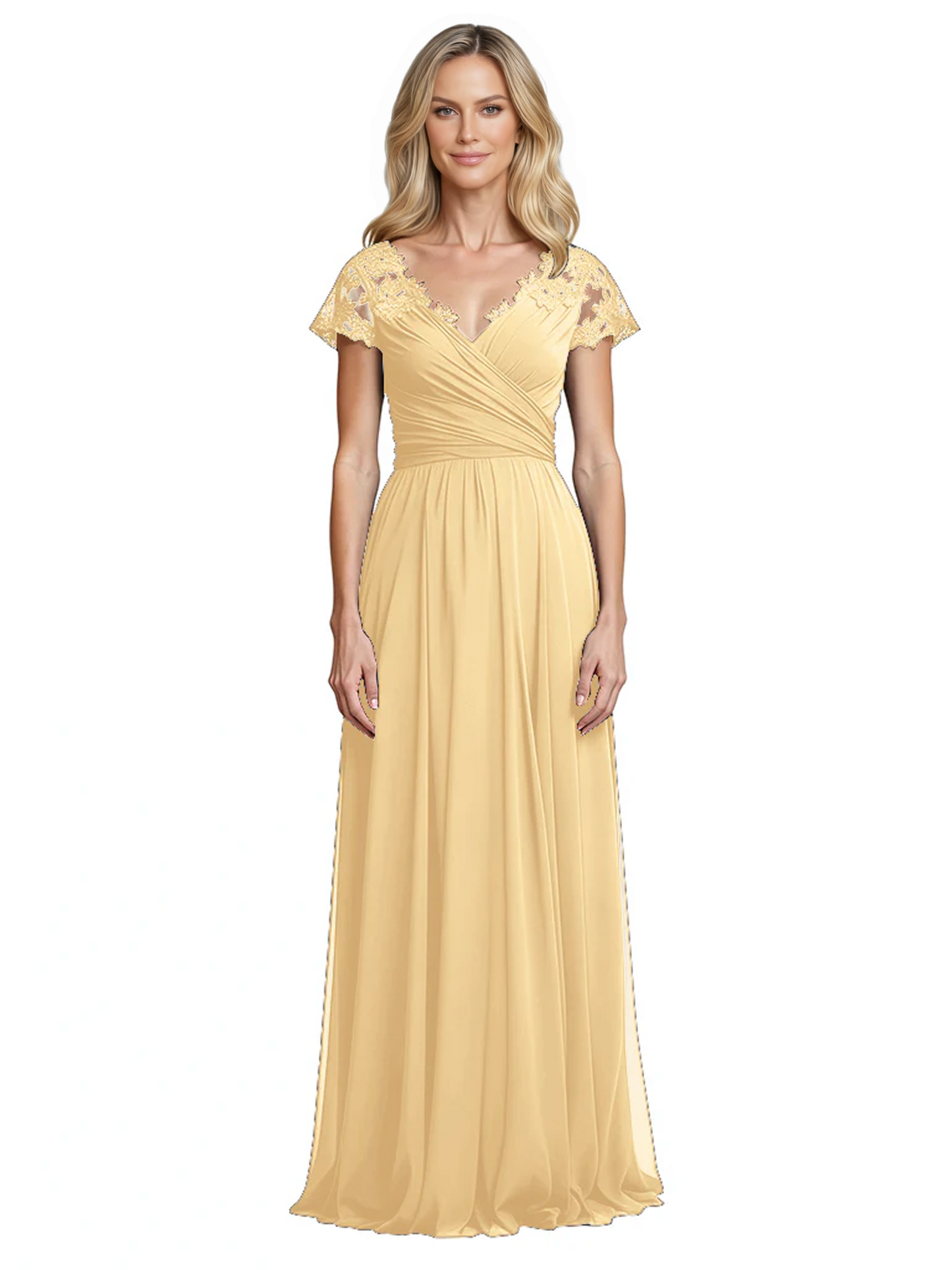 Mother of the Bride Dress Cap Sleeves and V-Neckline with Embroidered Lace Shoulders