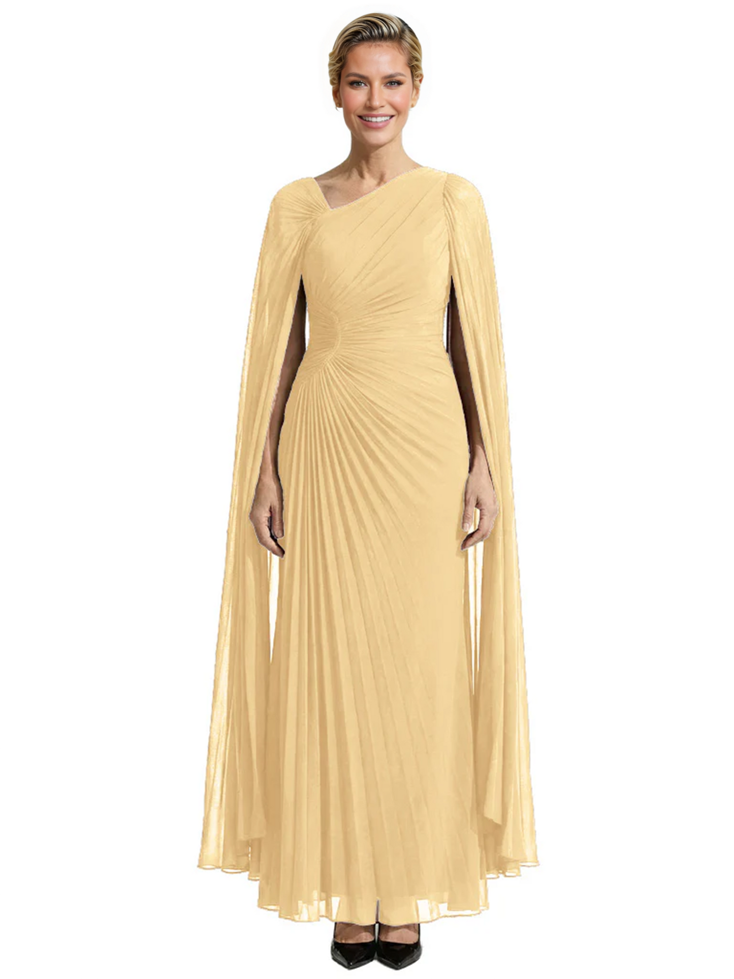 Elegant Asymmetric Neck Long A-Line Chiffon Mother of the Brides Dresses Mom Outfit with Cape