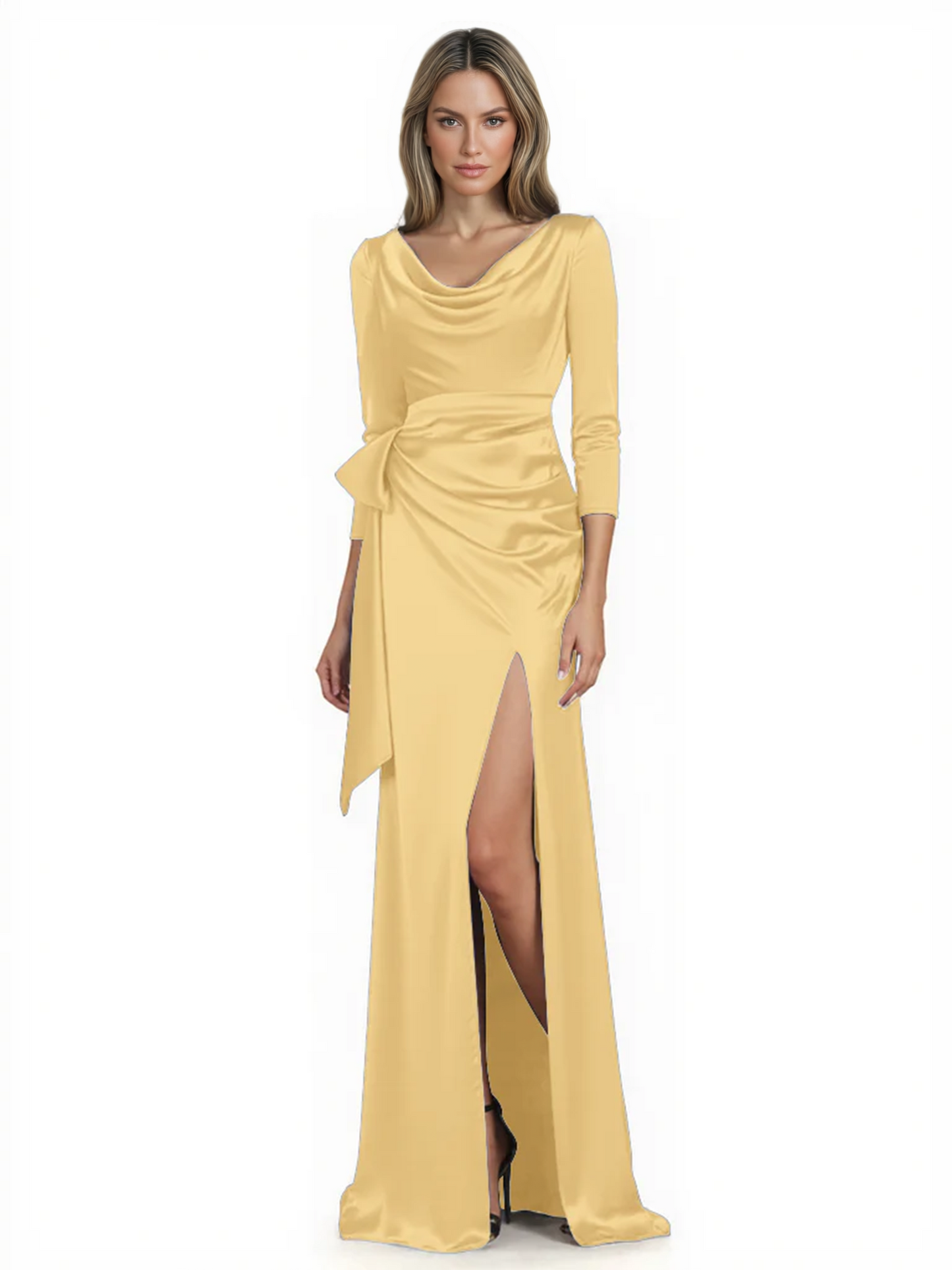 Elegant Evening Gowns Slit Trending Styles Satin Slit Formal Dress Cowl Neckline Gown Tie