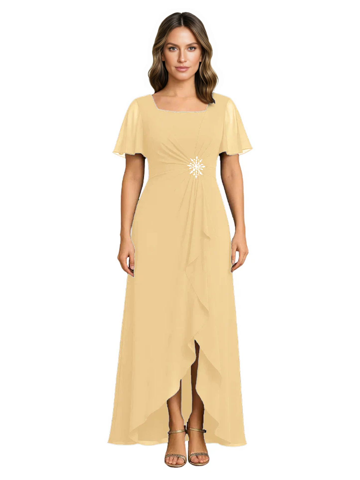 Formal High-Low Mother of the Bride Gown Sleeved Chiffon Maxi Dress Ruched Waist