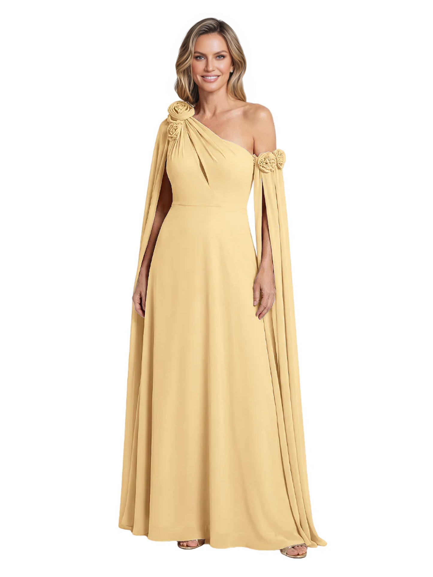 One Shoulder Mother of the Bride Dress Asymmetrical Cape Sleeve Gown with Floral