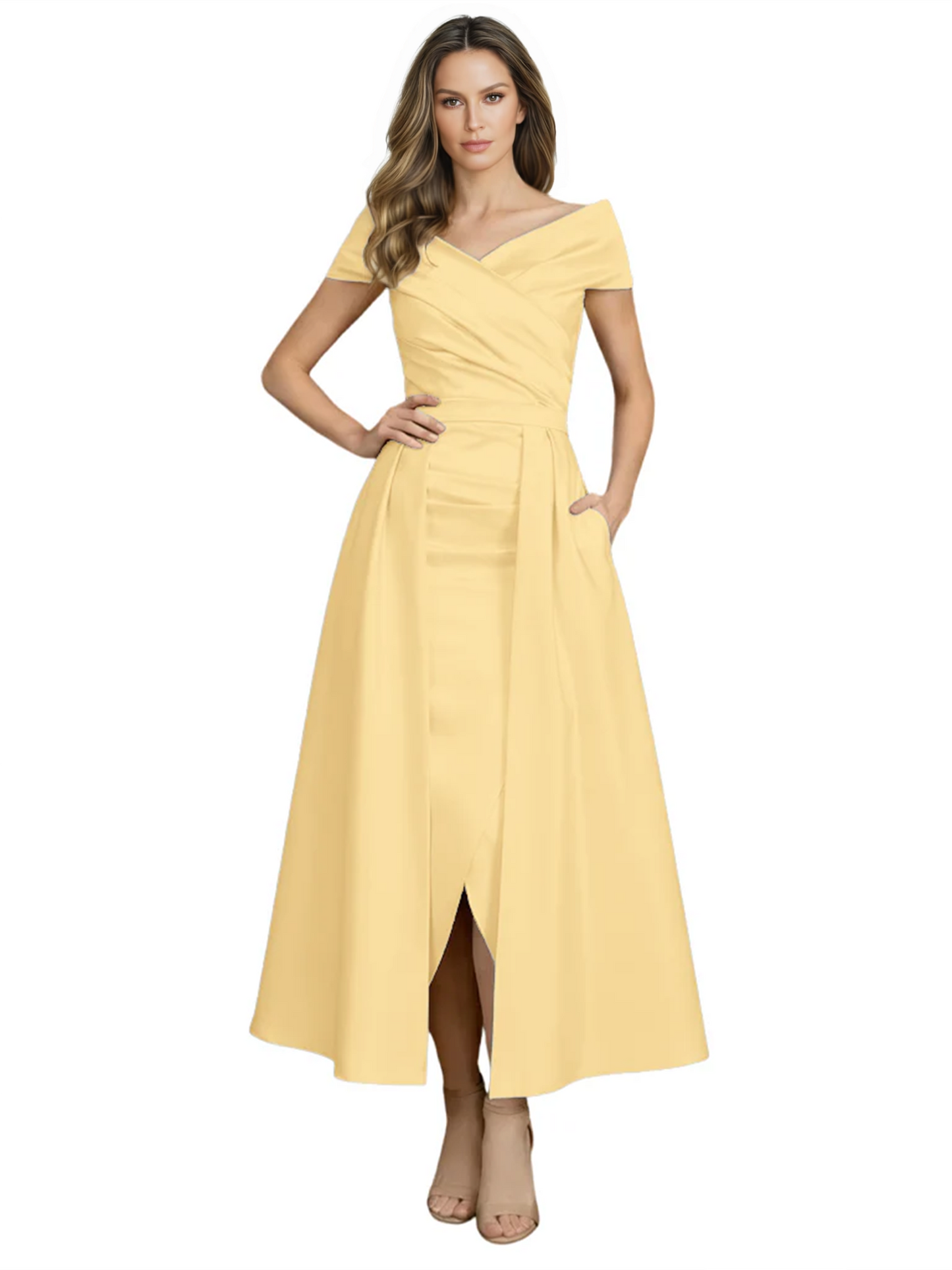 Formal Floor-Length Mother of the Bride Gown Satin Maxi Dress with Slit Off Shoulder