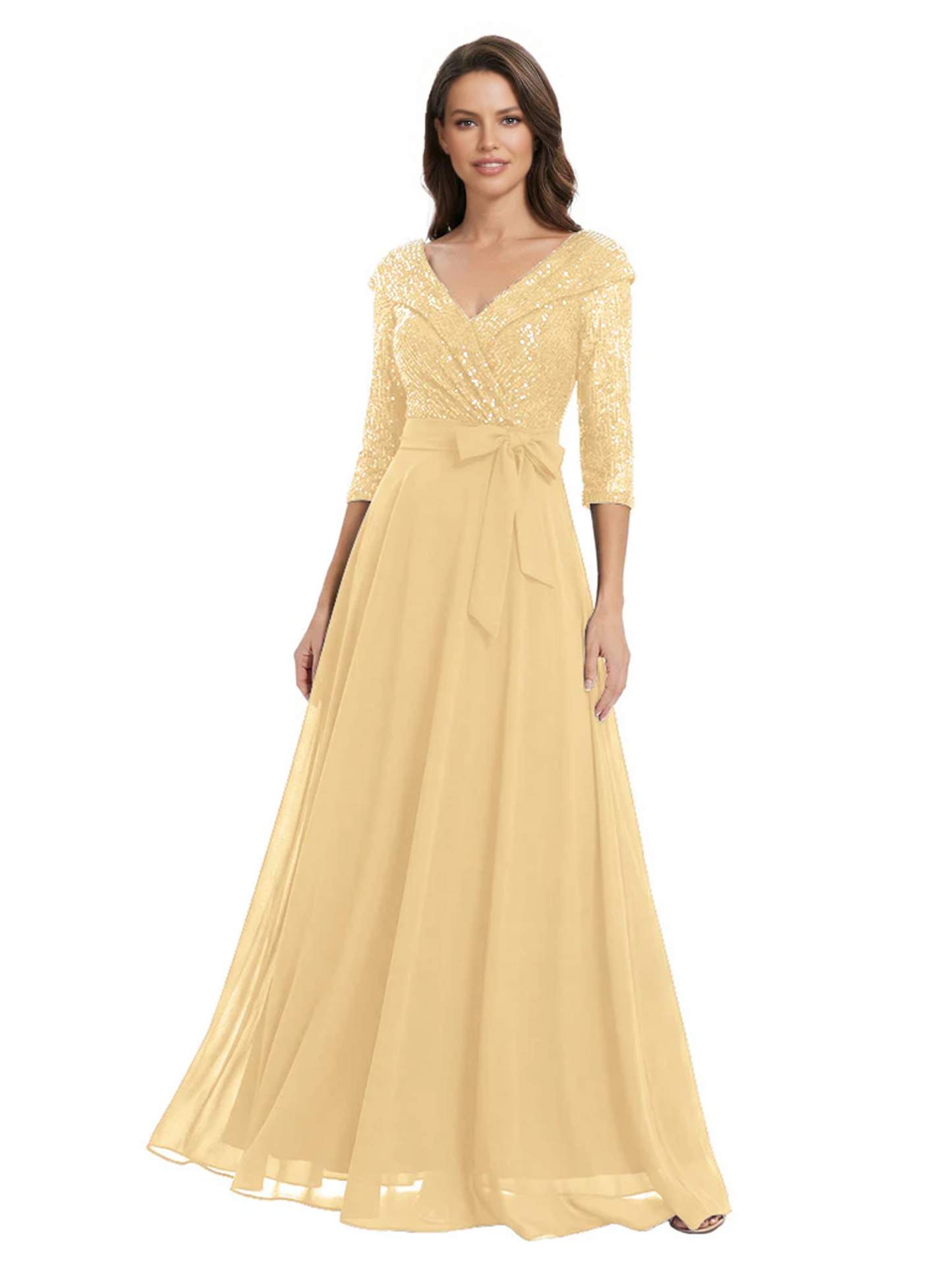 Chiffon Mother of the Bride Dress with Sequin V-Neck and Elegant Bow Sash
