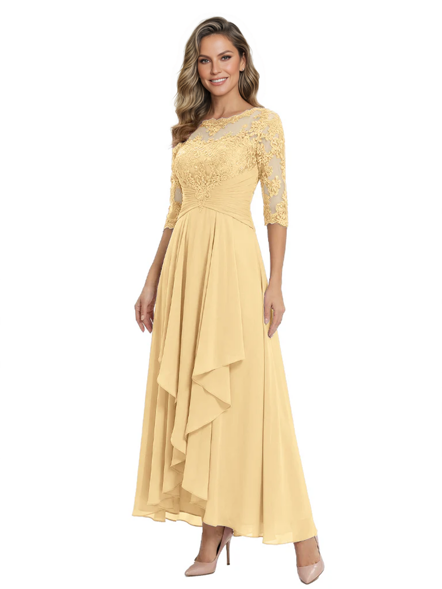 3/4 Sleeve Mother of the Bride Dress with Lace Embroidery High-Low Hem 2026