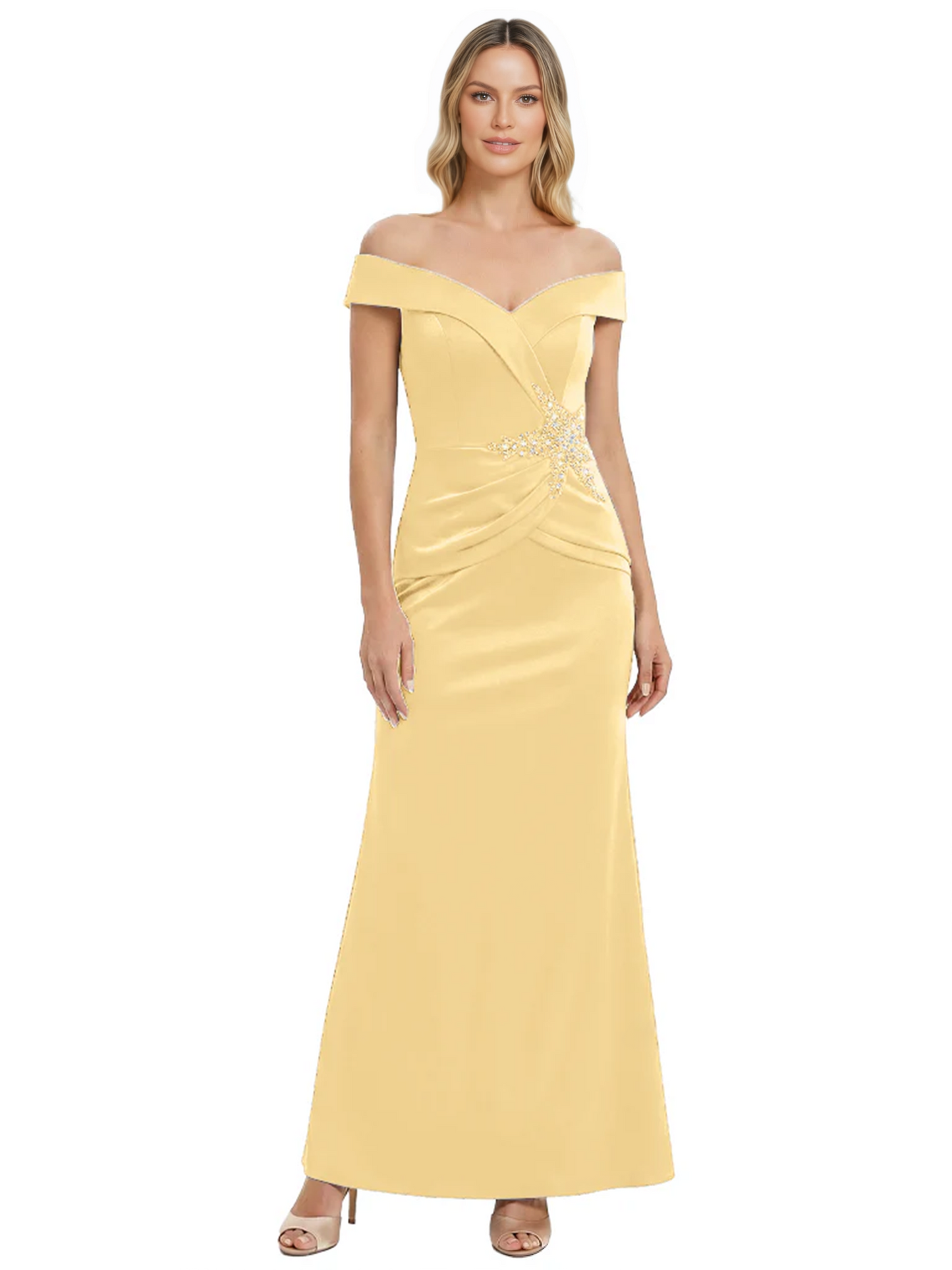 Off Shoulder Mother of the Bride Dress Beaded Waist Satin Gown Portrait Neckline