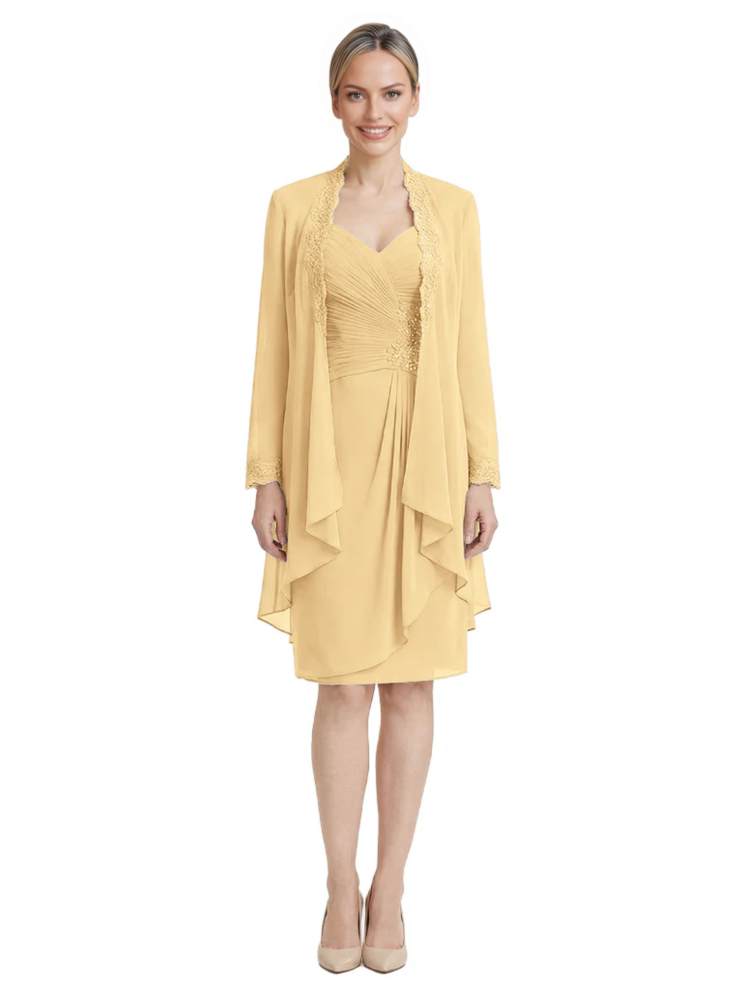 2PCS Knee Length Chiffon Mother of the Brides Dresses Short V-Neck