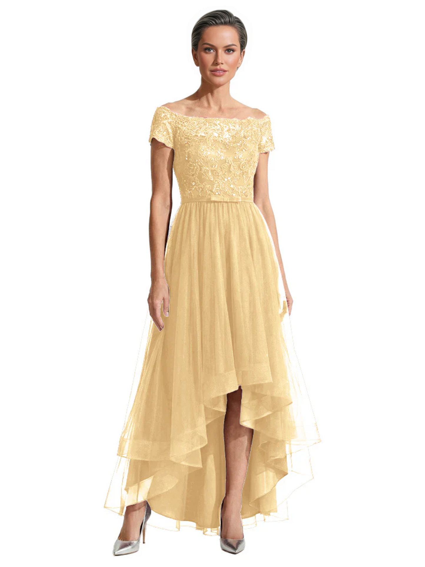 Formal High-Low Mother of the Bride Gown Short Sleeve Lace Maxi Dress with Tiered Skirt