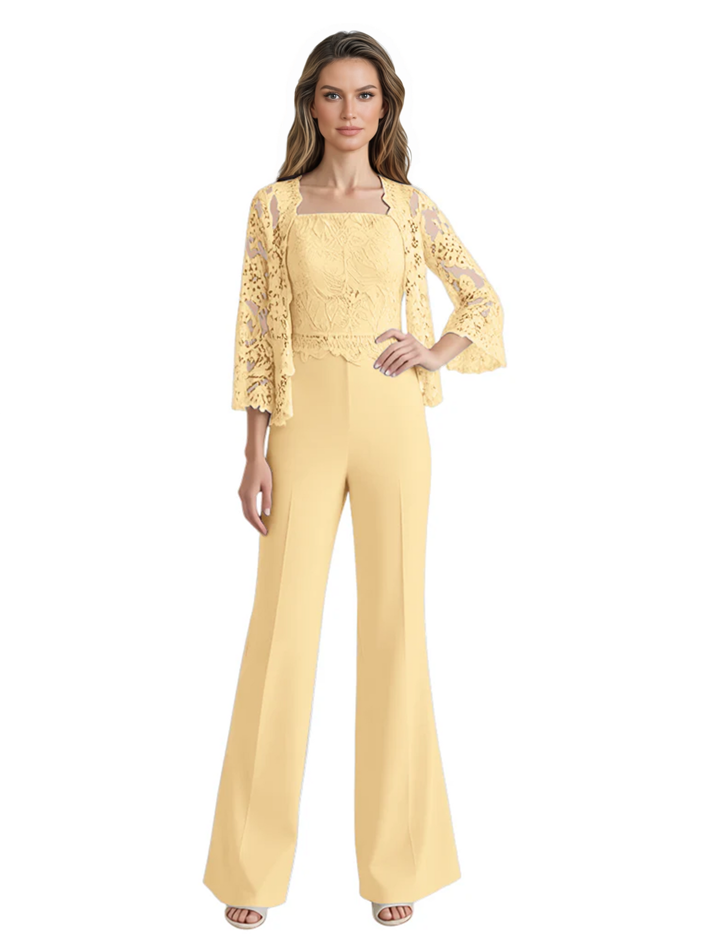 Mother of the Bride Jumpsuit with Lace Jacket 3/4 Sleeve Formal Pant Suit