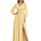 A-Line Mother of Bride Dress V-Neck Chiffon Gown Long Sleeves Slit Formal Dress