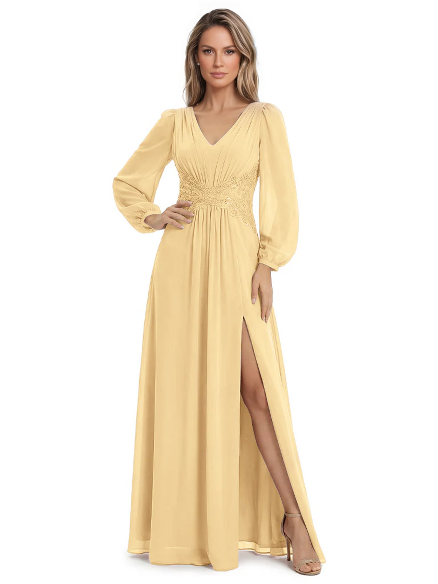 A-Line Mother of Bride Dress V-Neck Chiffon Gown Long Sleeves Slit Formal Dress