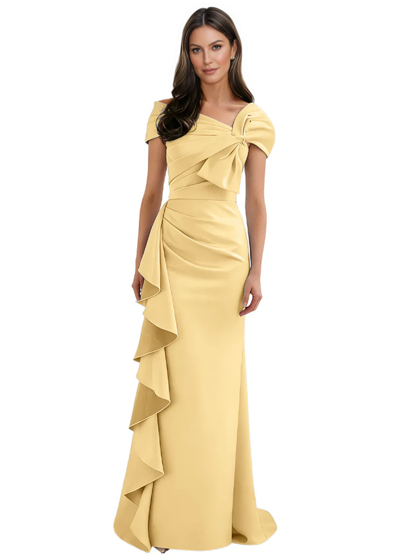 Elegant Mother of Bride Dress Formal Gowns Mermaid Ruffle Floor Length Asymmetric Neckline