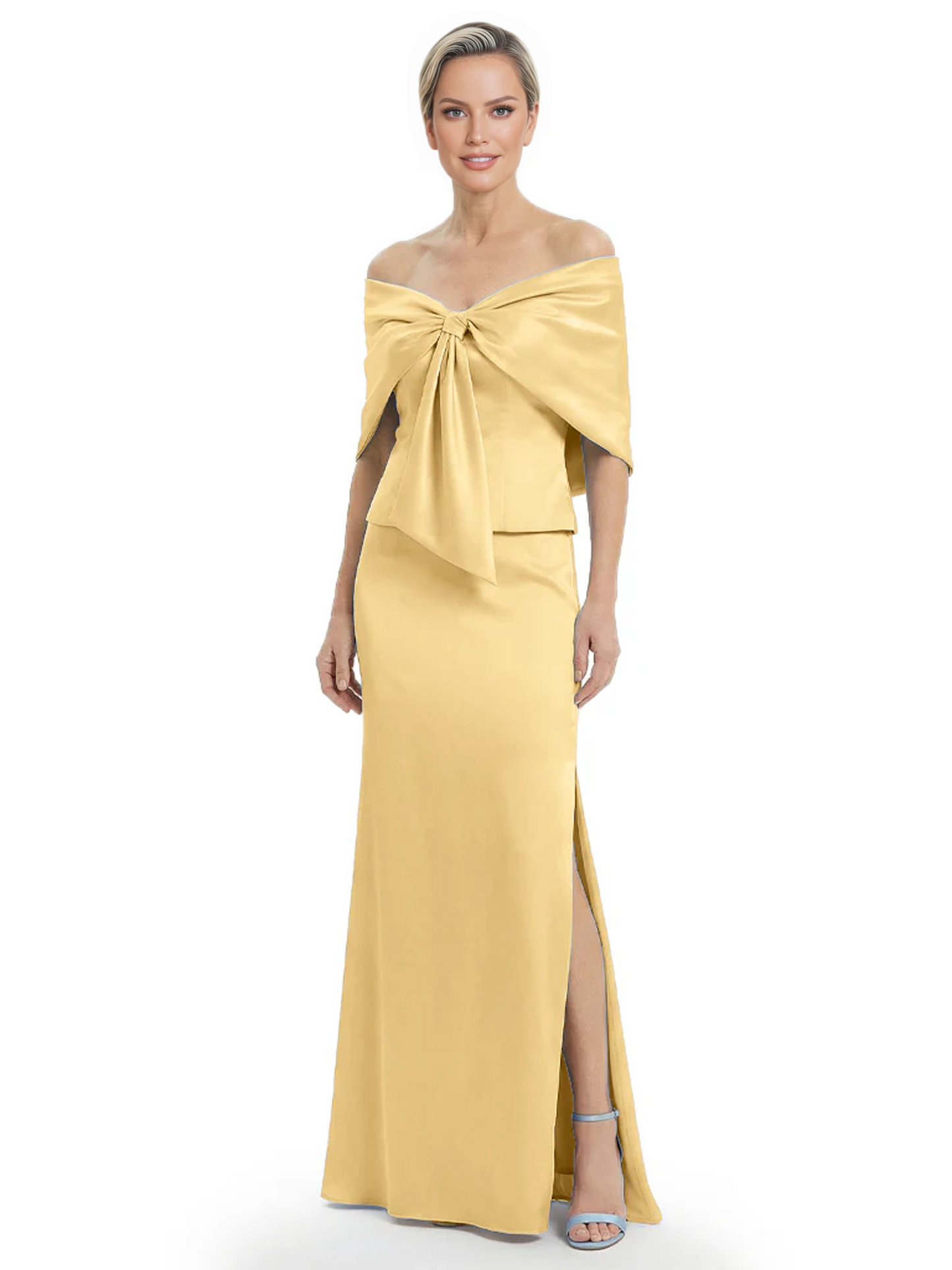 Formal Floor-Length Mother of the Bride Gown Satin Maxi Dress with Bow Neckline