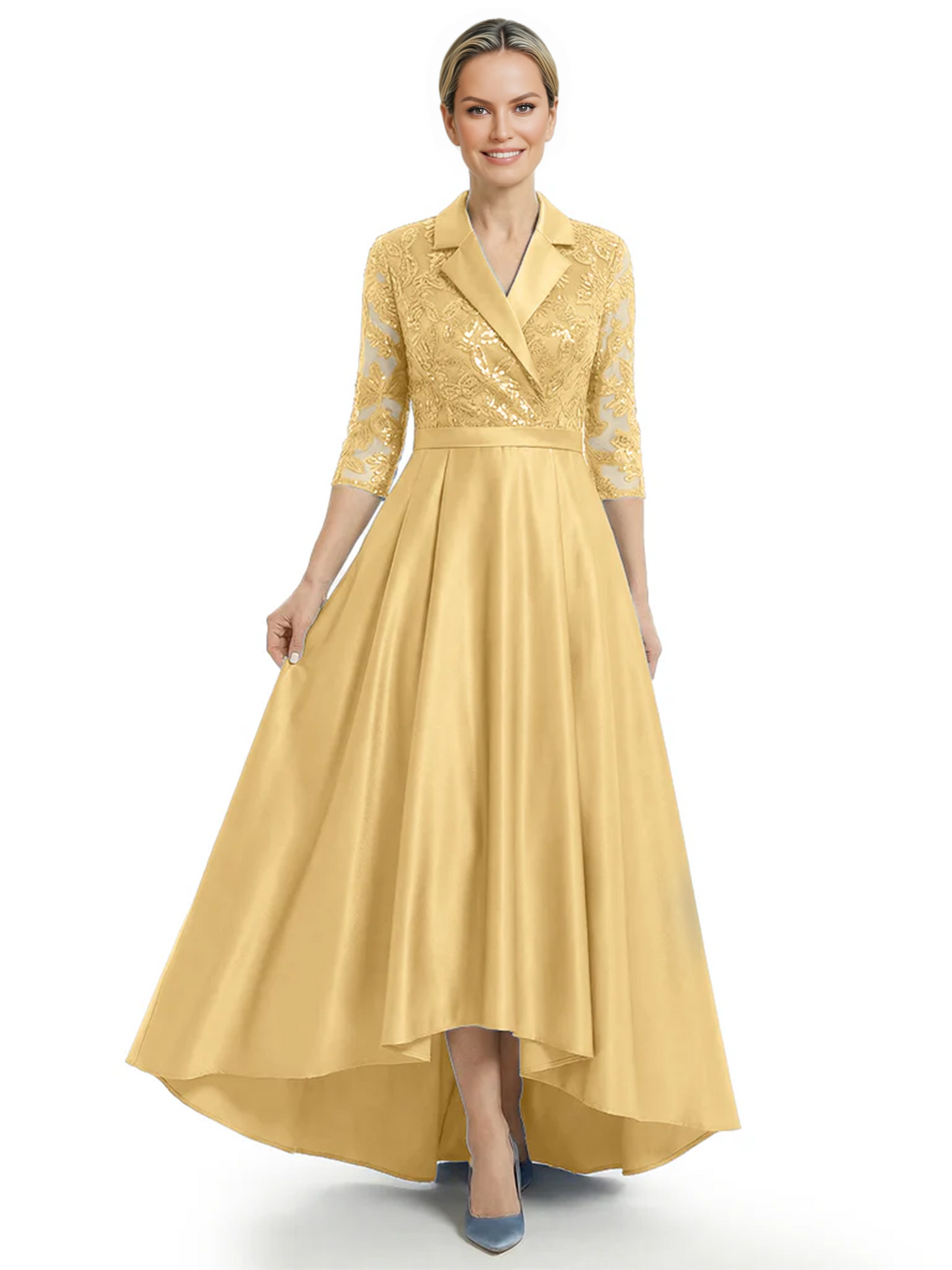 Elegant Mother of Bride Dress Evening Gowns Trending Styles with Lapel Collar 3/4 Sleeves