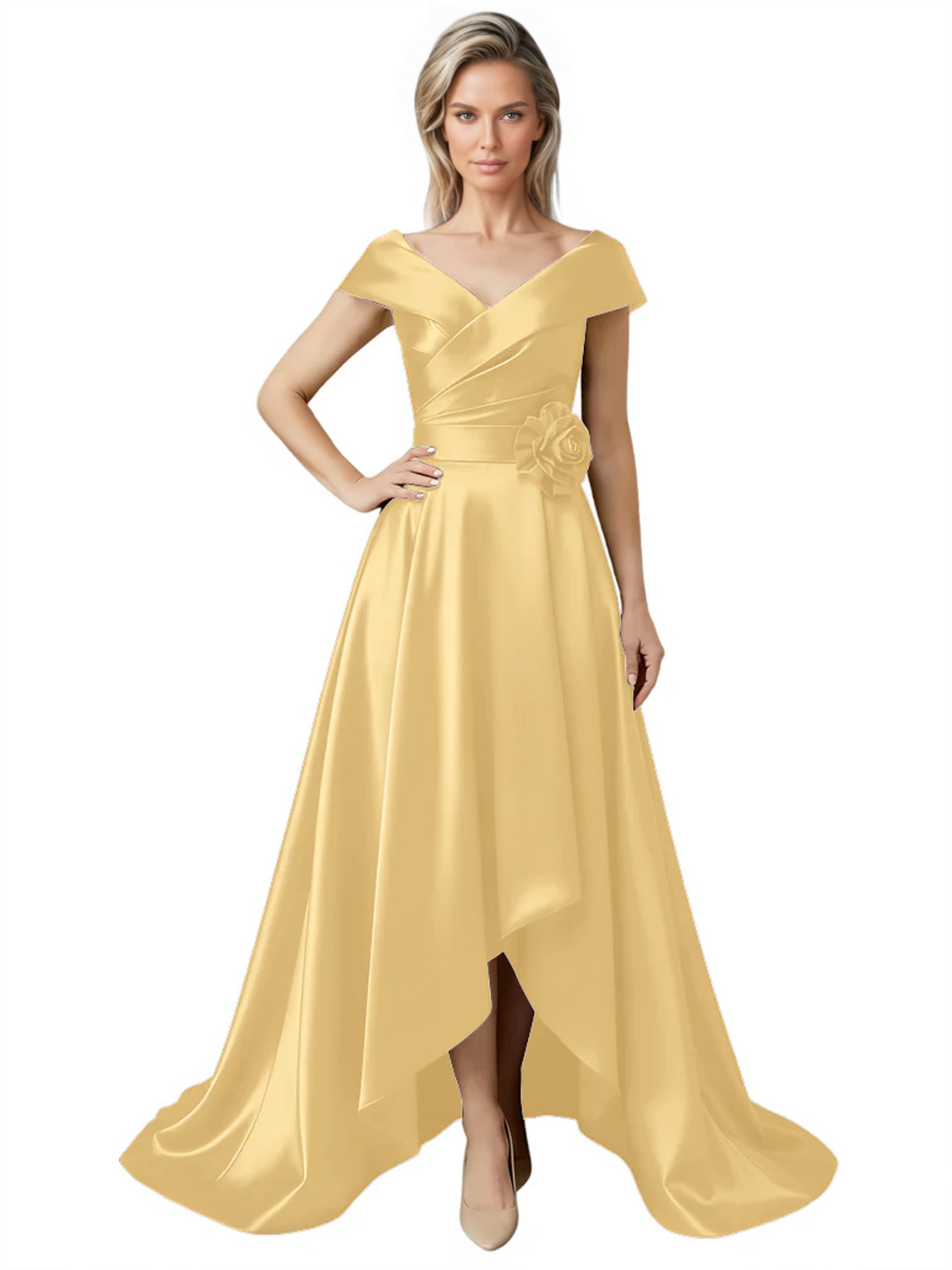 Off Shoulder Mother of the Bride Dress High-Low Satin Gown with Portrait Neckline