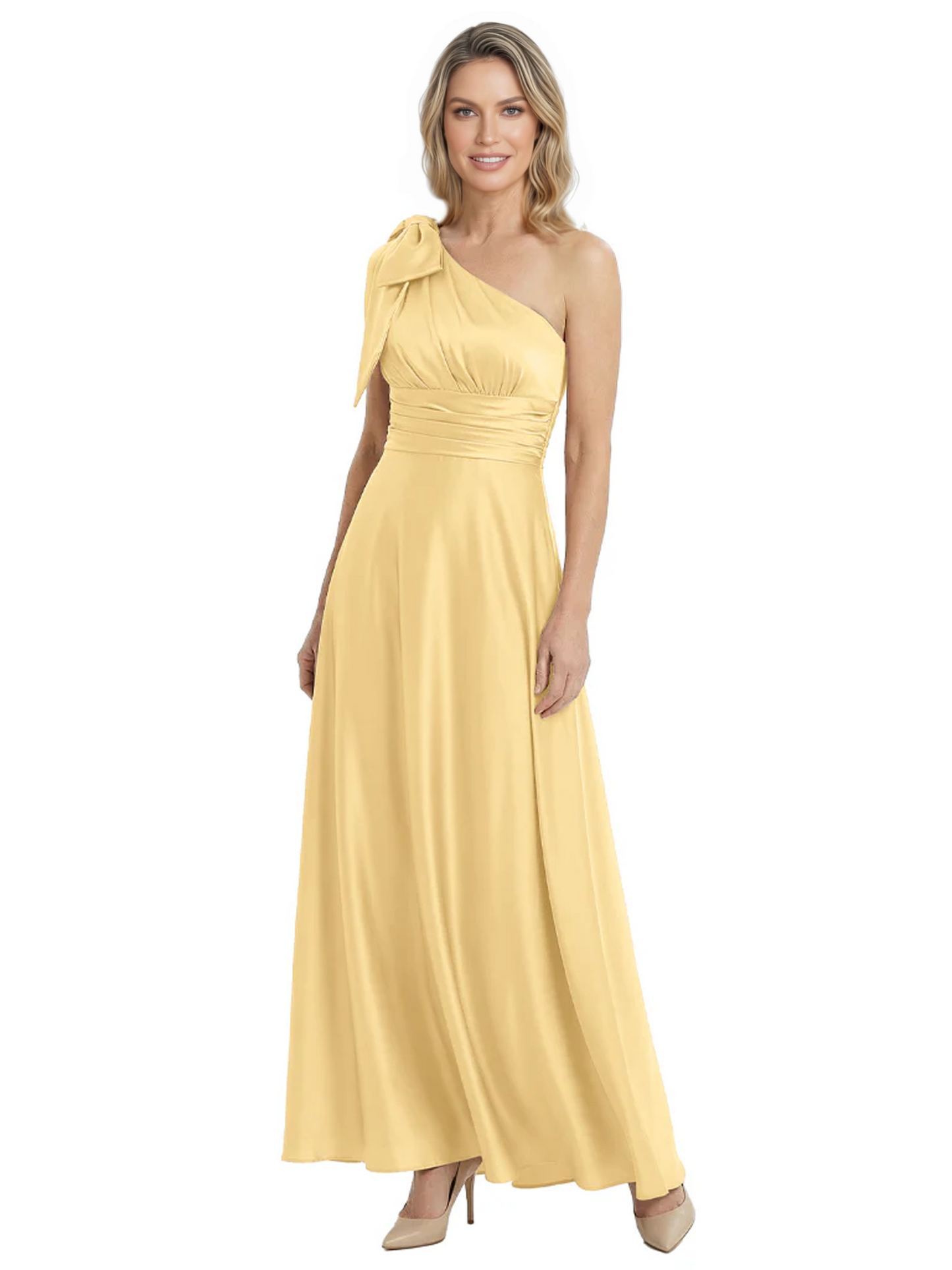 One-Shoulder Mother of the Bride Dress Satin Gown with Bow Ruched Empire Waist