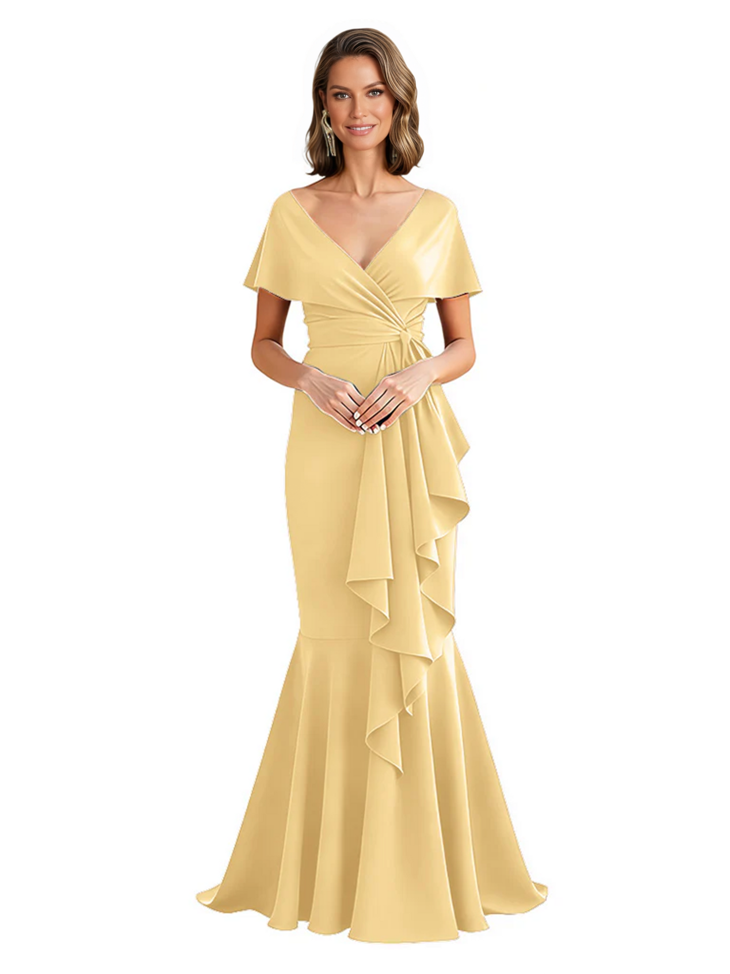 Satin Mother of the Bride Dress with Cascading Ruffles and Mermaid Tail V-Neck