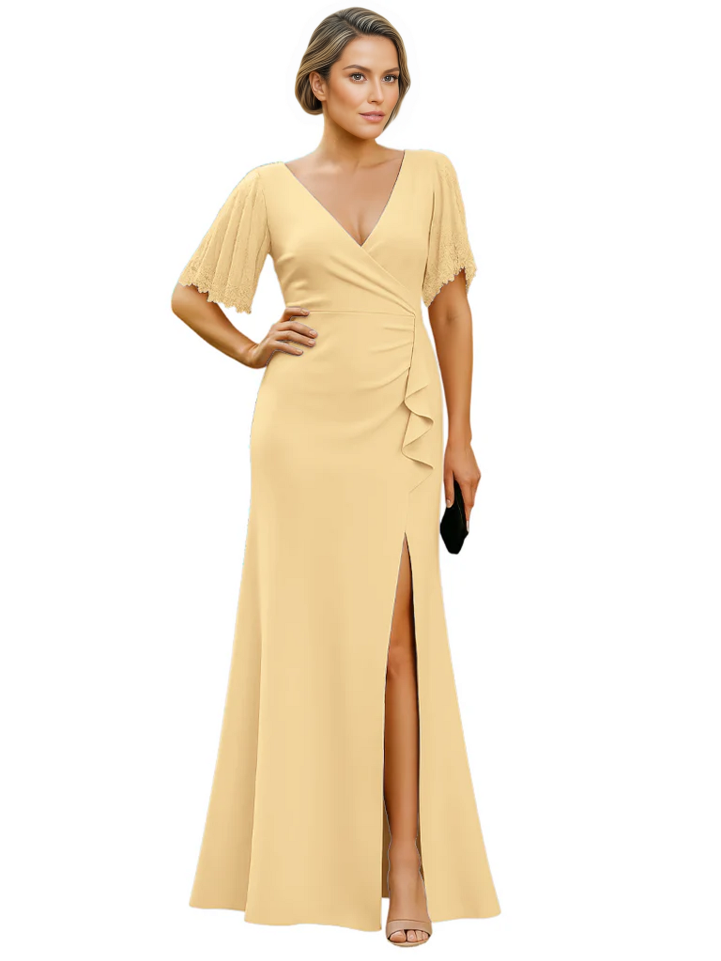 Elegant Evening Gown Trending V-Neck & Ruffle Detail Mother of Bride Outfits Slit