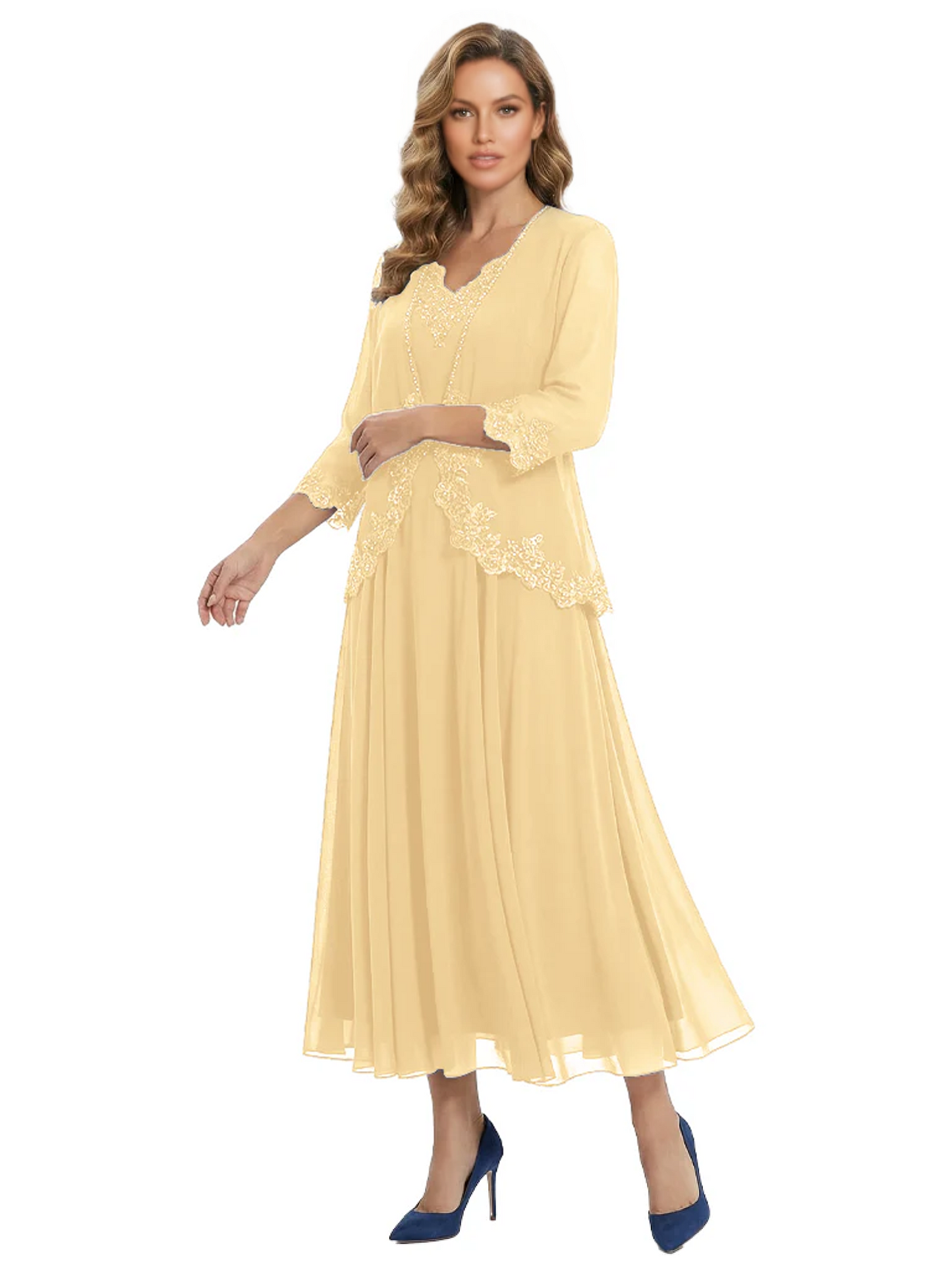 3/4 Sleeve Chiffon Mother of the Brides Dresses V-Neck Wedding Party Gowns
