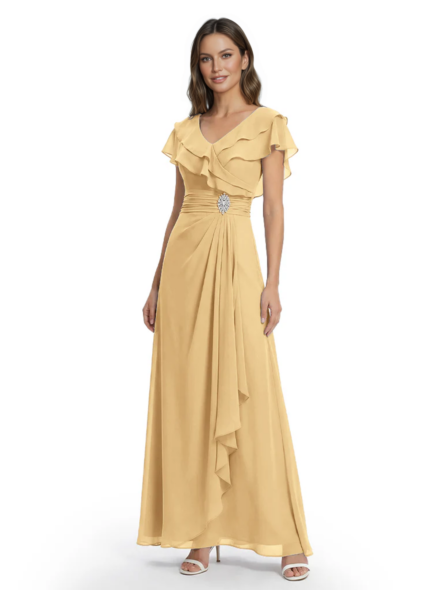 Elegant Mother of the Groom Dress Cascading Ruffle Chiffon Formal Gown Rhinestone