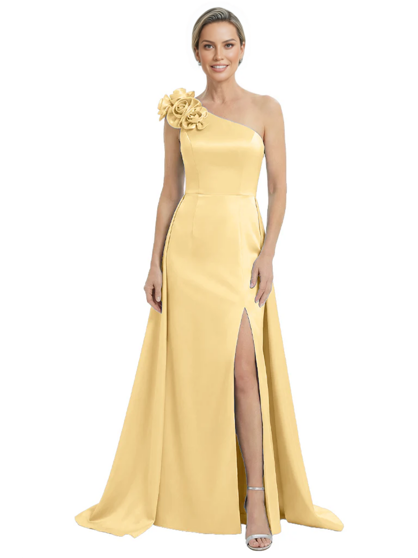 One Shoulder Mother of the Bride Dress with 3D Floral Detail Formal Dress A-Line Gowns with Slit