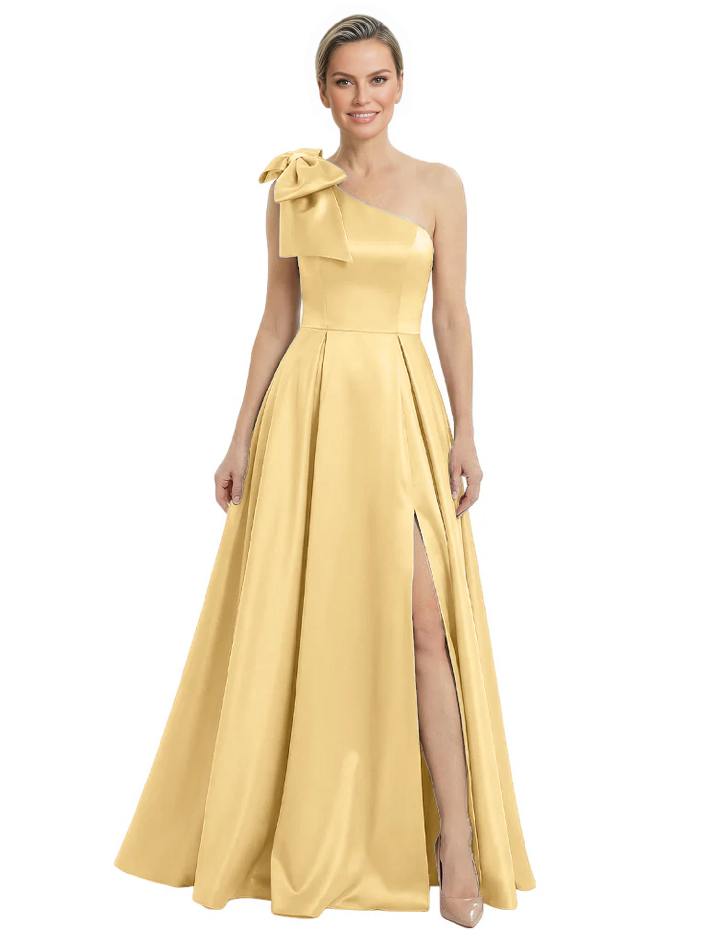 Luxury Bow Black Formal Dress One-Shoulder A-Line Gowns with Sexy Side Slit 2026