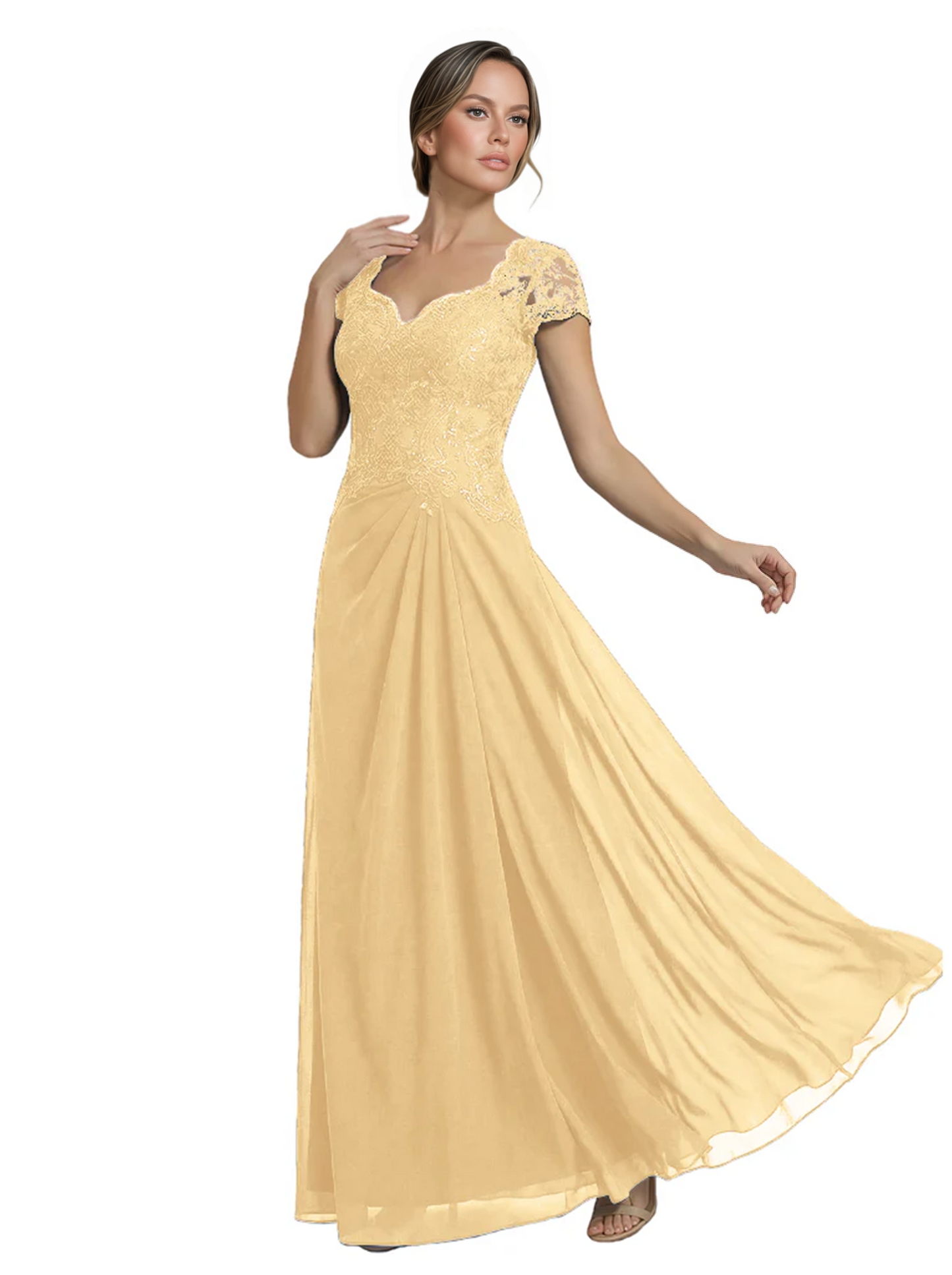 Long A-line Chiffon Short Sleeves Mother of the Brides Dresses Lace Wedding