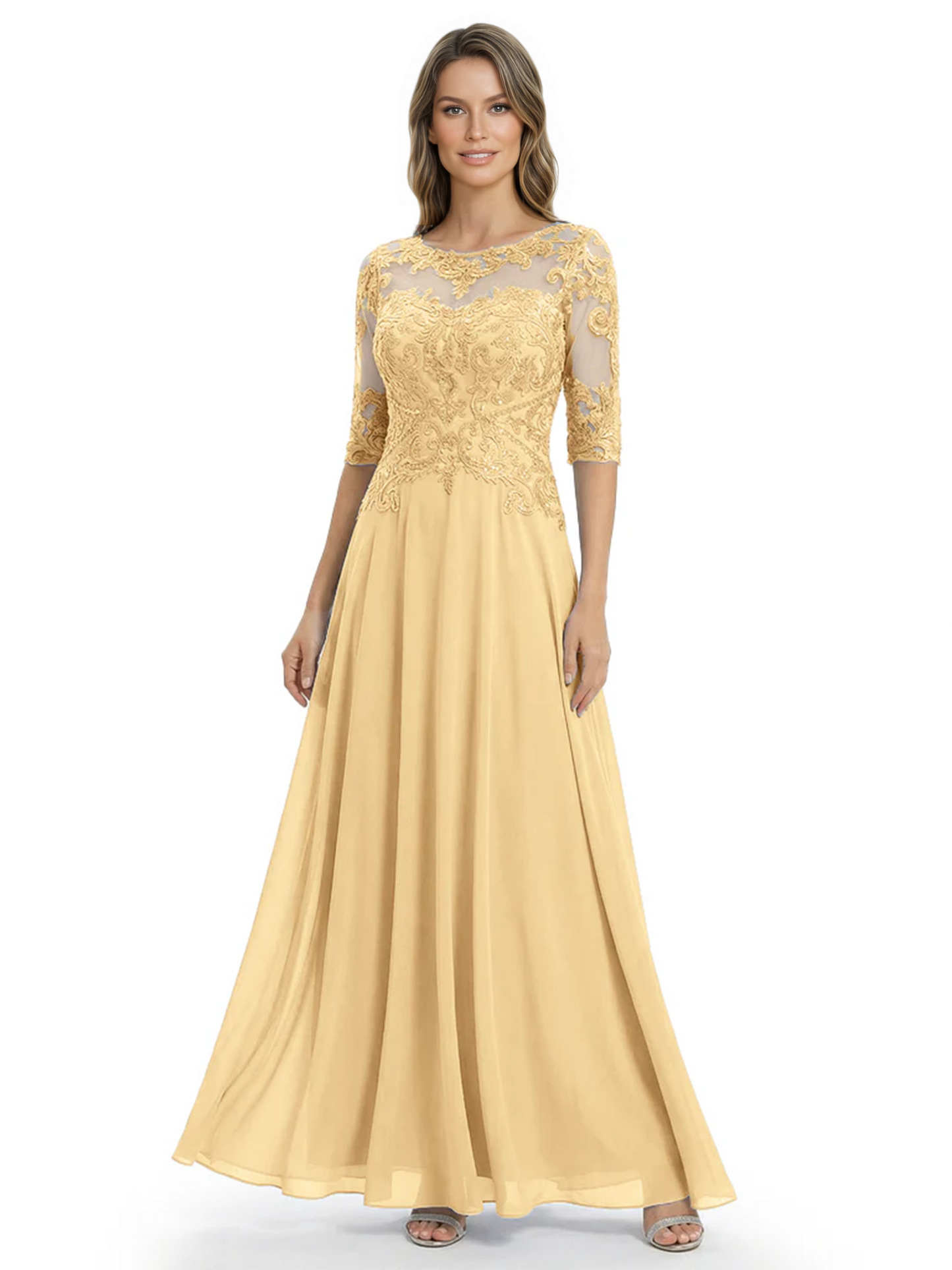 Illusion Neck Mother of the Bride Dress Half Sleeve Lace Applique Gowns Chiffon