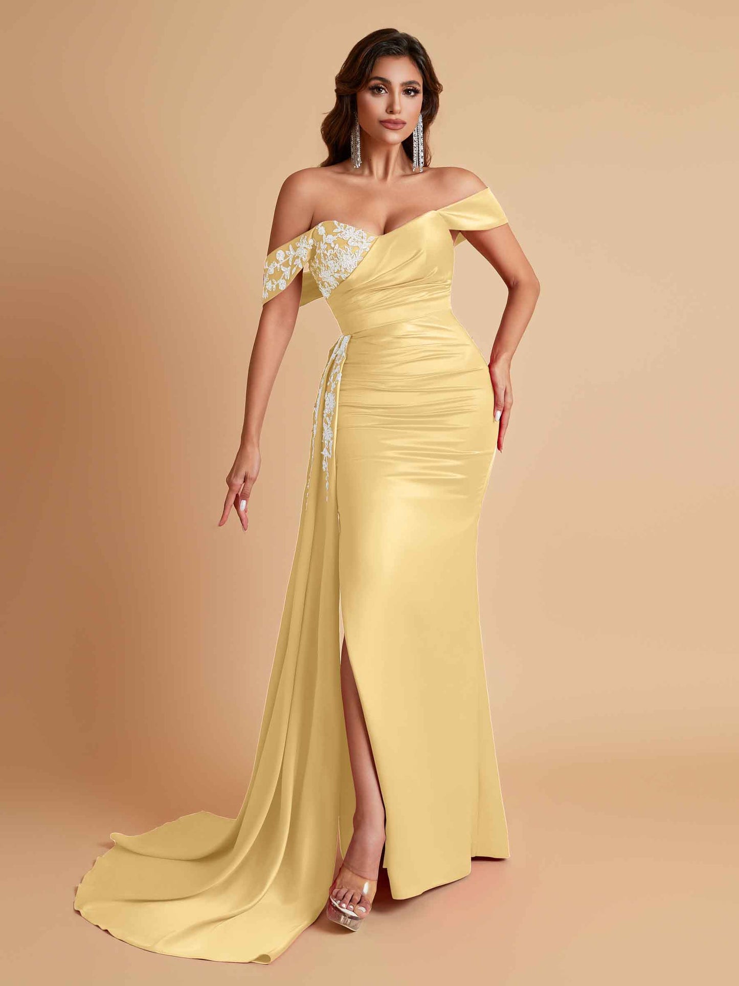 Elegant Soft Satin Mermaid Off Shoulder Floor-Length Mermaid Bridesmaid Dresses