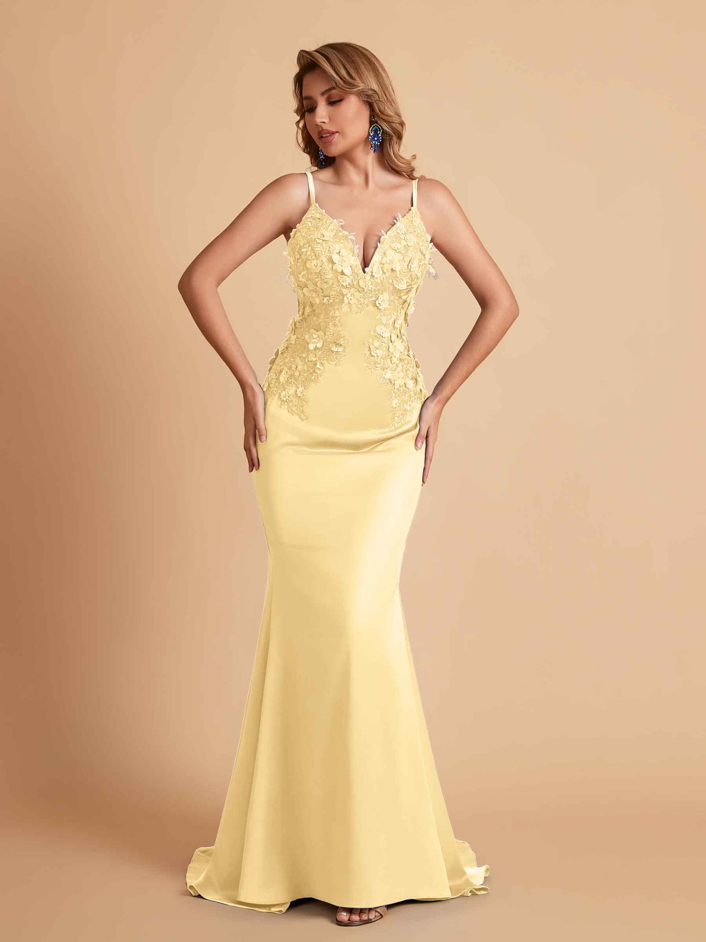 Sexy Satin Spaghetti Straps V-neck Mermaid Floor Length Applique Bridesmaid Dresses