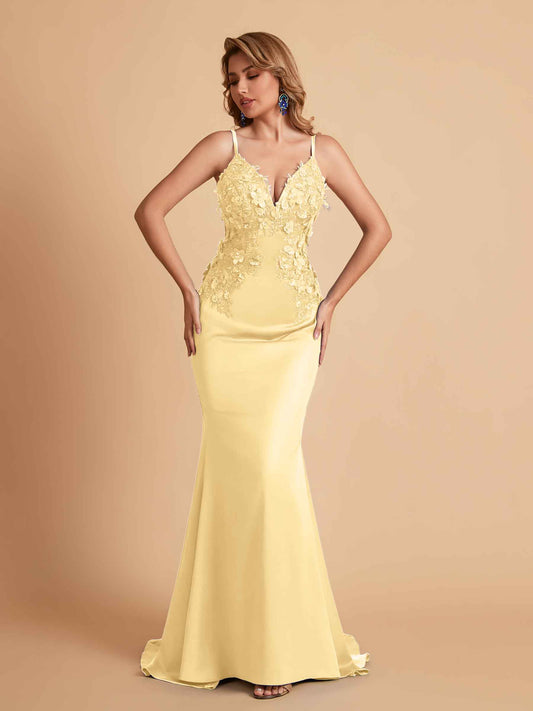 Sexy Satin Spaghetti Straps V-neck Mermaid Floor Length Applique Bridesmaid Dresses