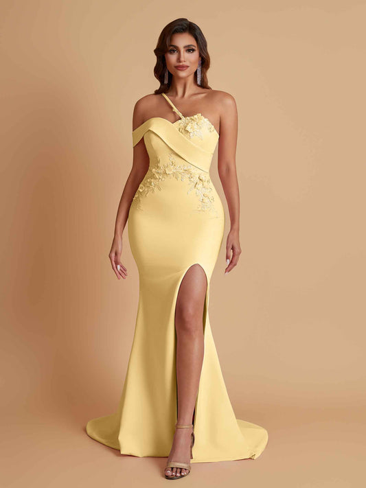Sexy Soft Satin Mermaid One Shoulder Asymmetrical Side Slit Floor-Length Bridesmaid Dresses