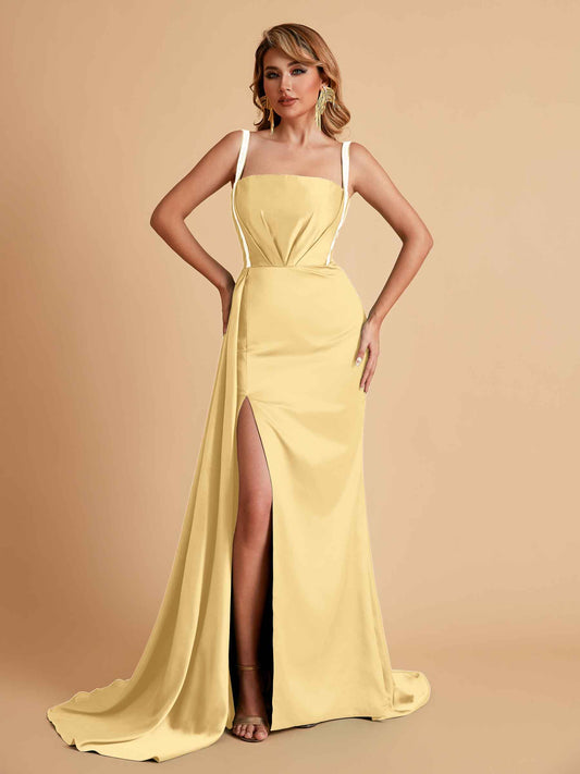 Sexy Satin Mermaid With Train Bridesmaid Dresses Pleats Side-Slit Floor-Length Wedding Guest Dresses