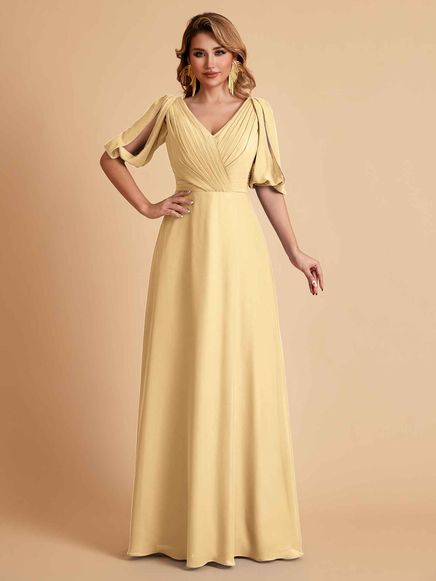 Elegant A-Line Chiffon Half Sleeves V-Neck Mother of the Brides Dresses Online