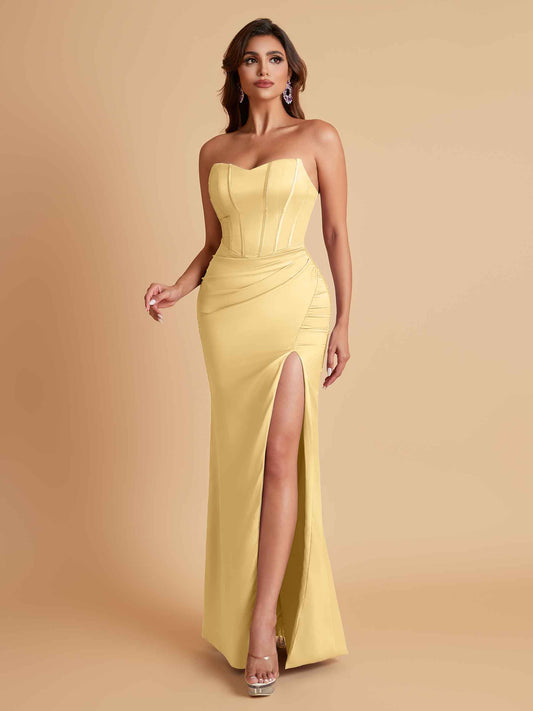 Sexy Strapless Soft Satin Side Slit Floor-Length Mermaid Bridesmaid Dresses