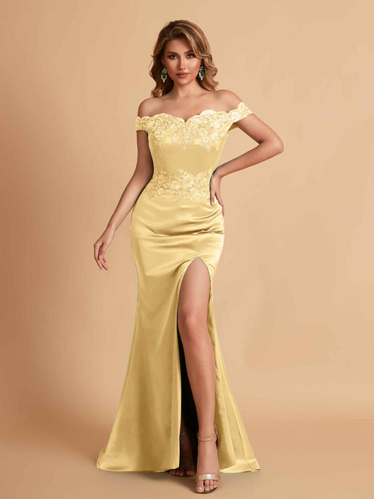 Elegant Satin Off Shoulder Mermaid Side Slit Floor Length Bridesmaid Dresses