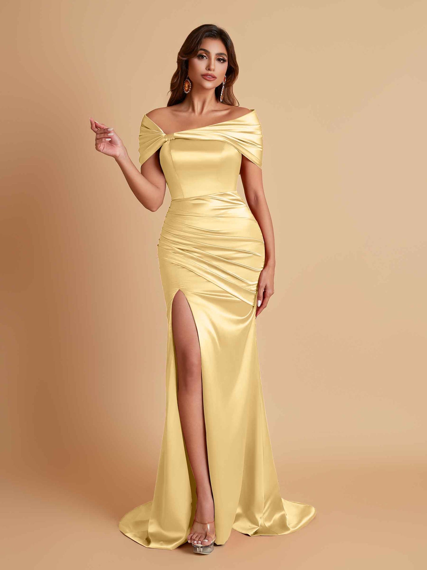 Elegant Soft Satin Off-the-shoulder Side-Slit Mermaid Bridesmaid Dresses